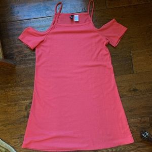 pink t-shirt dress with shoulder cut outs